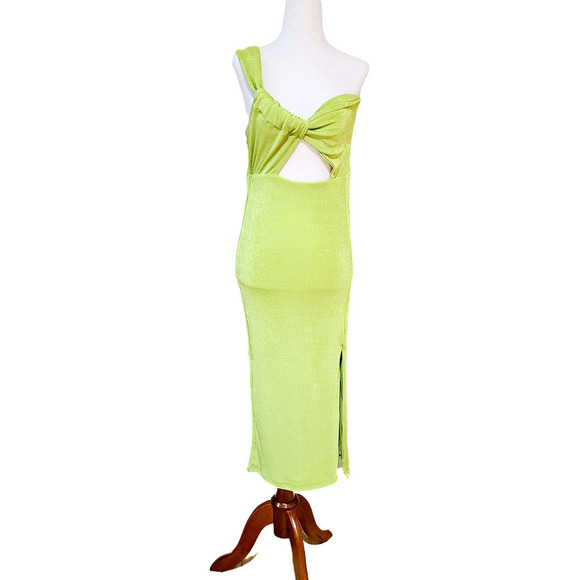 NWT Lulus Becoming Bold Lime Green Cutout One Shoulder Midi Dress size Medium - Picture 3 of 5
